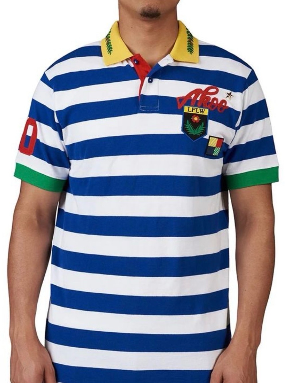 AKOO Striped Blue & White Polo Shirt with Contrast Collar and Sleeve Trim XXL
